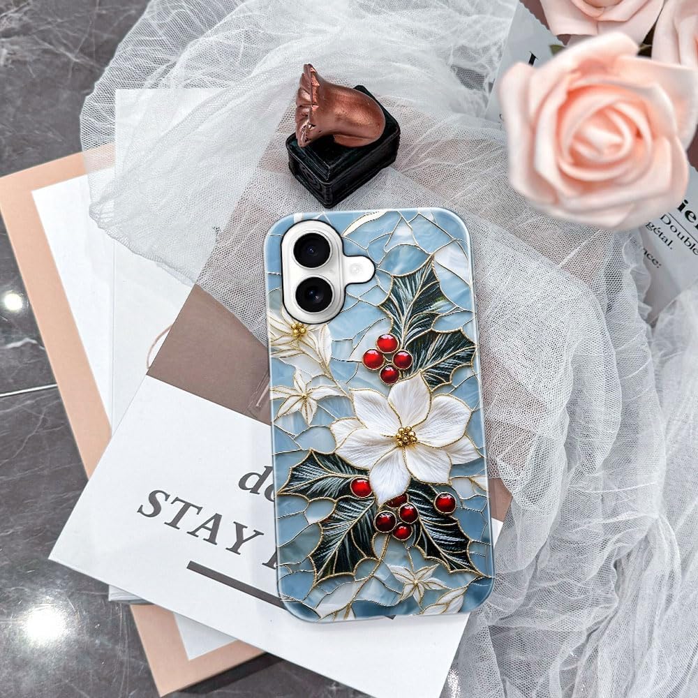 Case for iPhone 17 - Slim Fit Anti-Scratch Phone Case for Girl Women - Christmas Holly Elegant Winter Floral (Glossy)