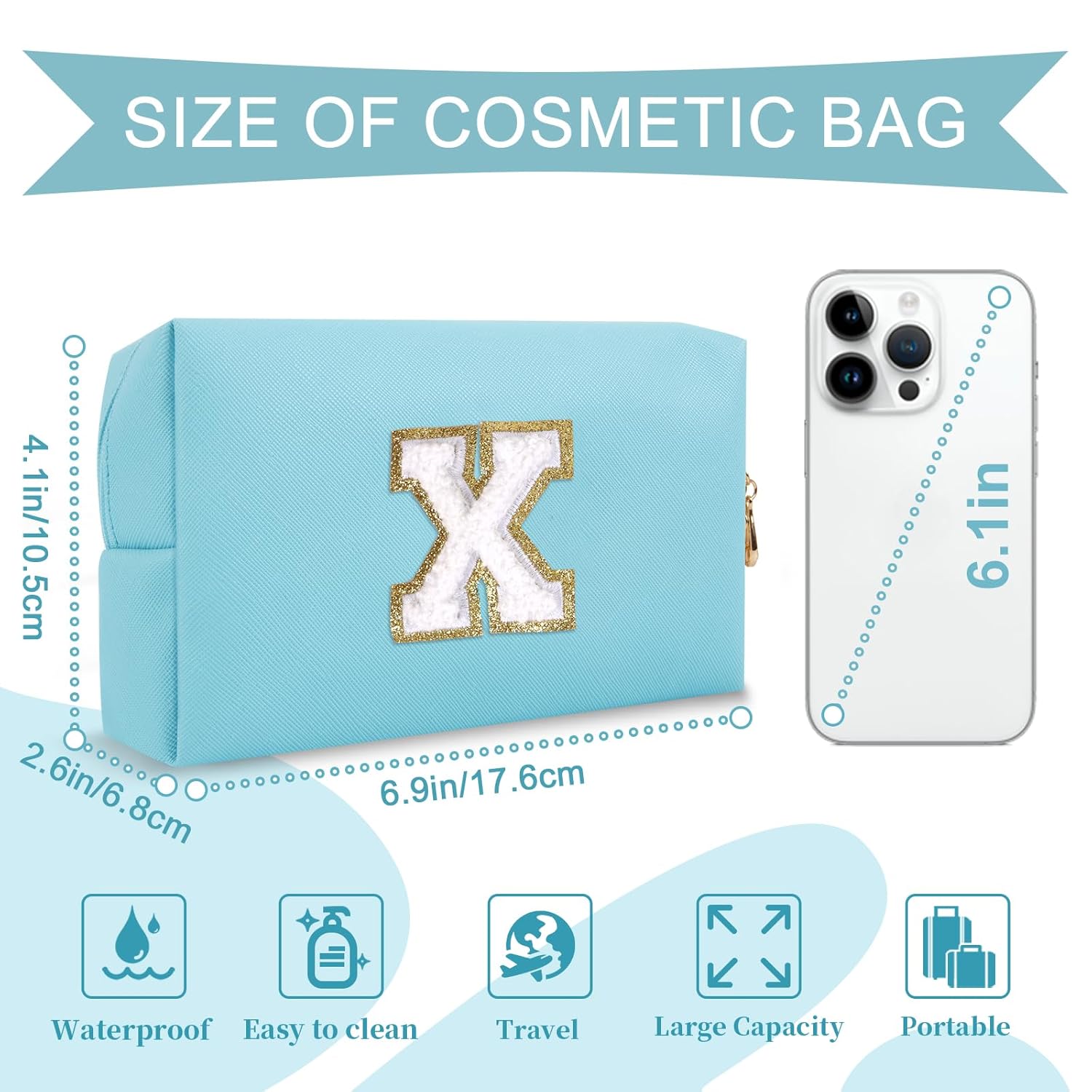 Small Personalized Initial A-Z Preppy Patch Makeup Bag,PU Chenille Letter Travel Cosmetic Pouch