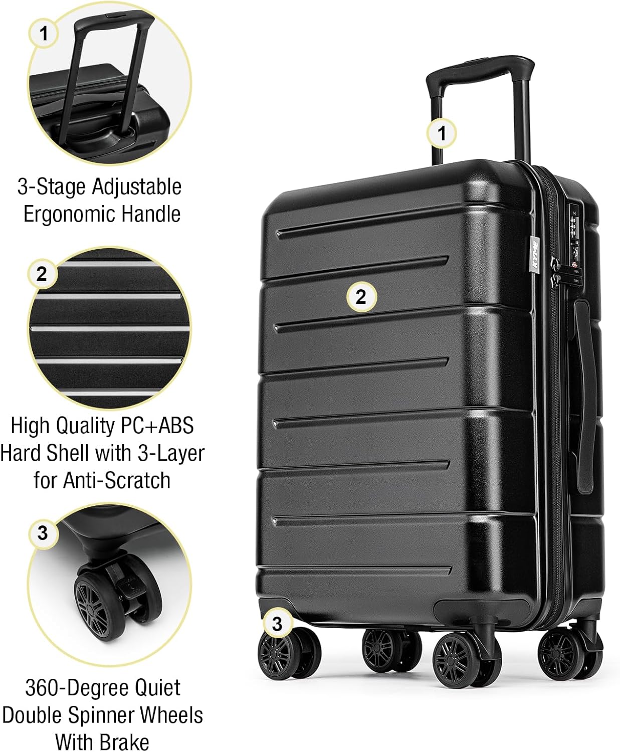 KYME 26 Inch Luggage TSA Approved Hard Shell Suitcases with Spinner Wheels Durable Medium Travel Checked Luggage with Cup Holder for Women Men Black