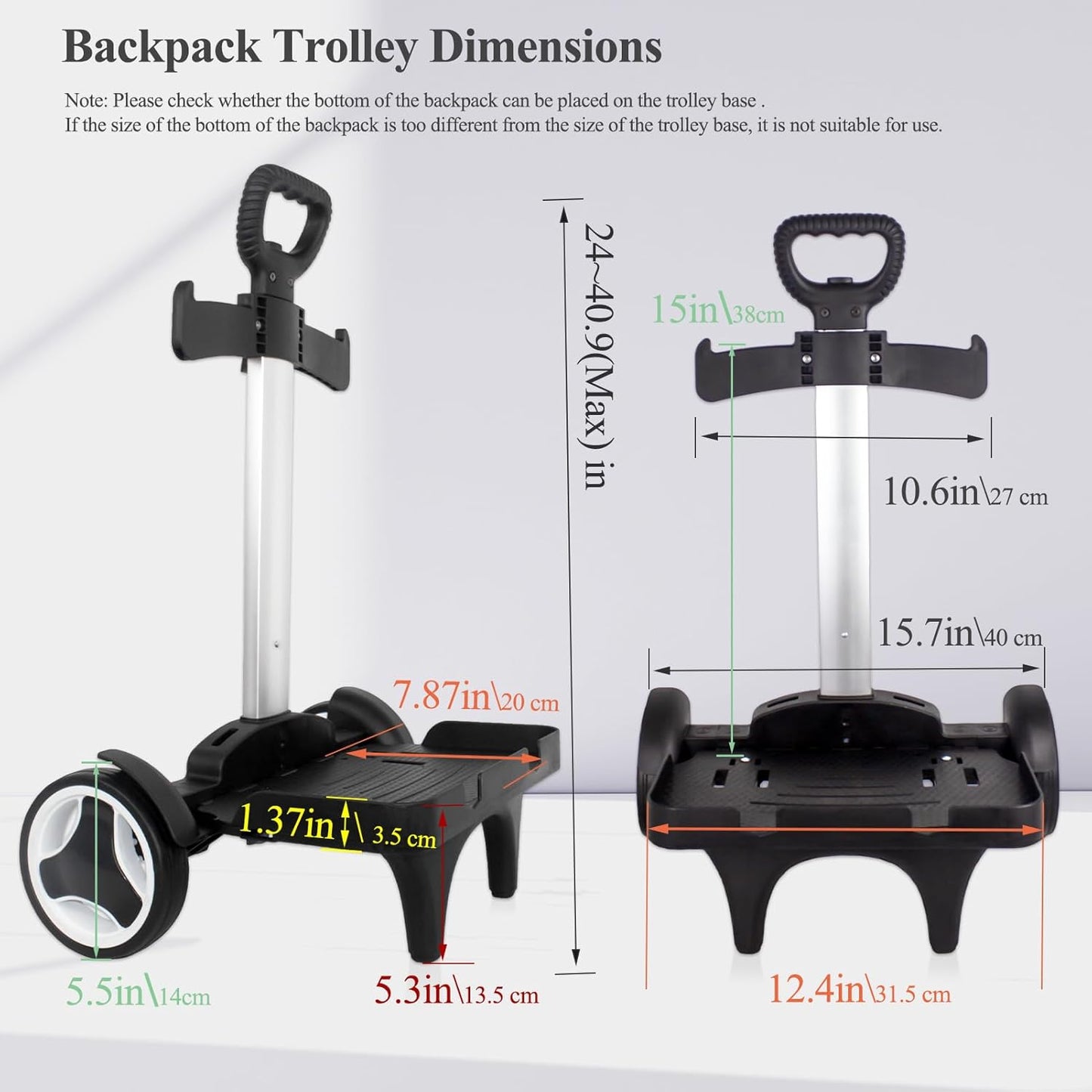 Backpack Trolley Wheeled Cart with Edge Guard Base Noiseless Big Wheels Aluminium Alloy Folding Hand Truck with Luggage Strap for Universal Backpacks Luggage cart for Teenagers,Adults,School,Travel