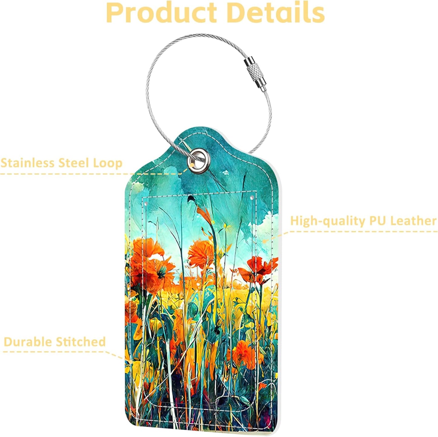 Watercolor Flowers Acrylic Drawing Luggage Tags 2PCS PU Leather Suitcases Tag with Stainless Steel Loop and Privacy Name Address Cover Label Card for Women Men Travel