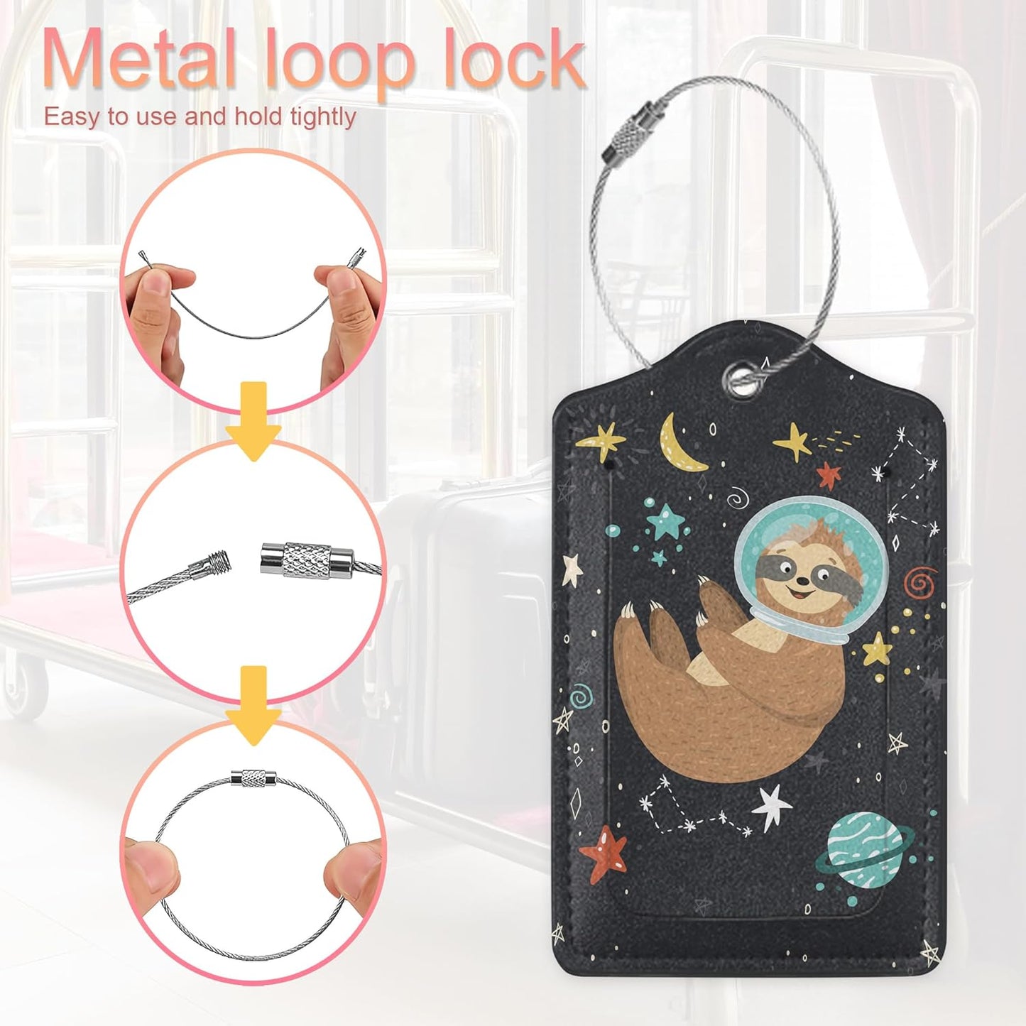 2 Pack PU Leahter Luggage Tag with Stainless Steel Loop,Sloth Space Travel Luggage Tag Travel Suitcase Labels with Privacy Cover ID Label Quickly Spot for Bags & Baggage