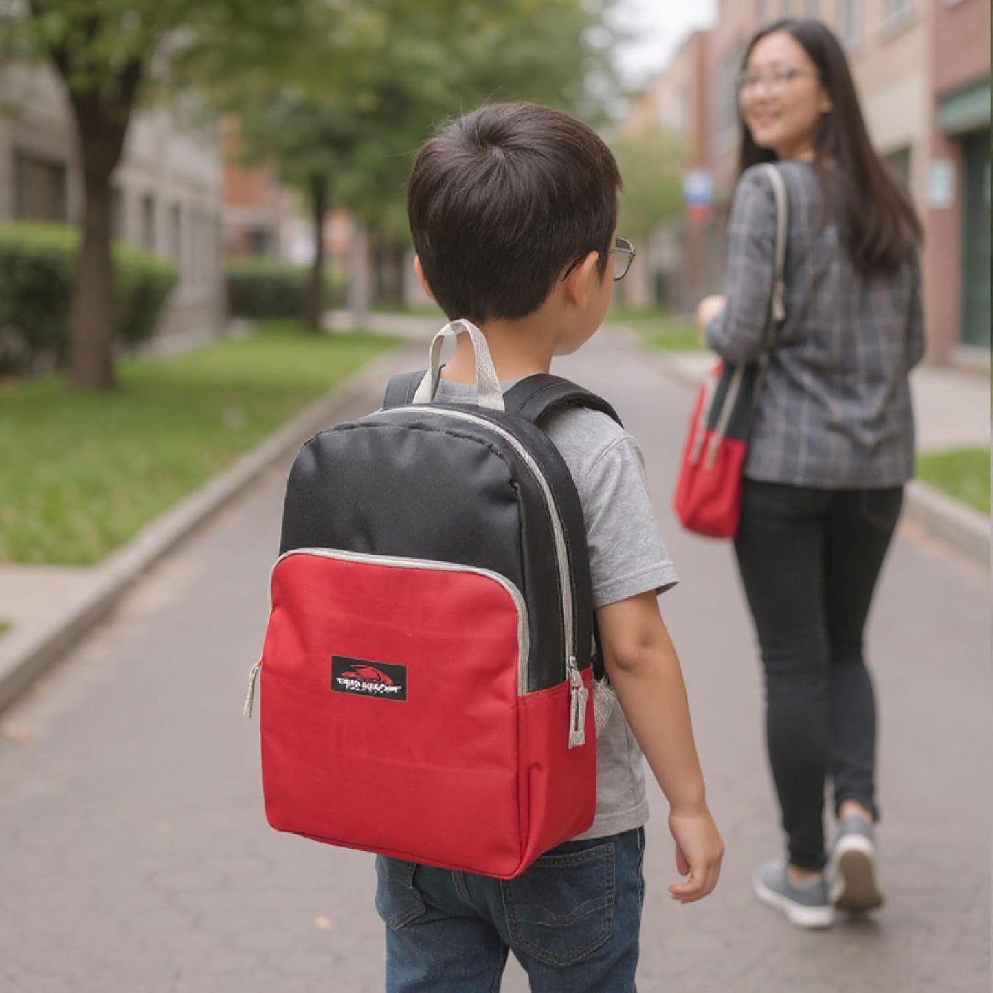 Color Block Backpacks for School Boys and Girls, 15 Inch Two Tone Colorful Small Travel Backpack for Kids (Red)