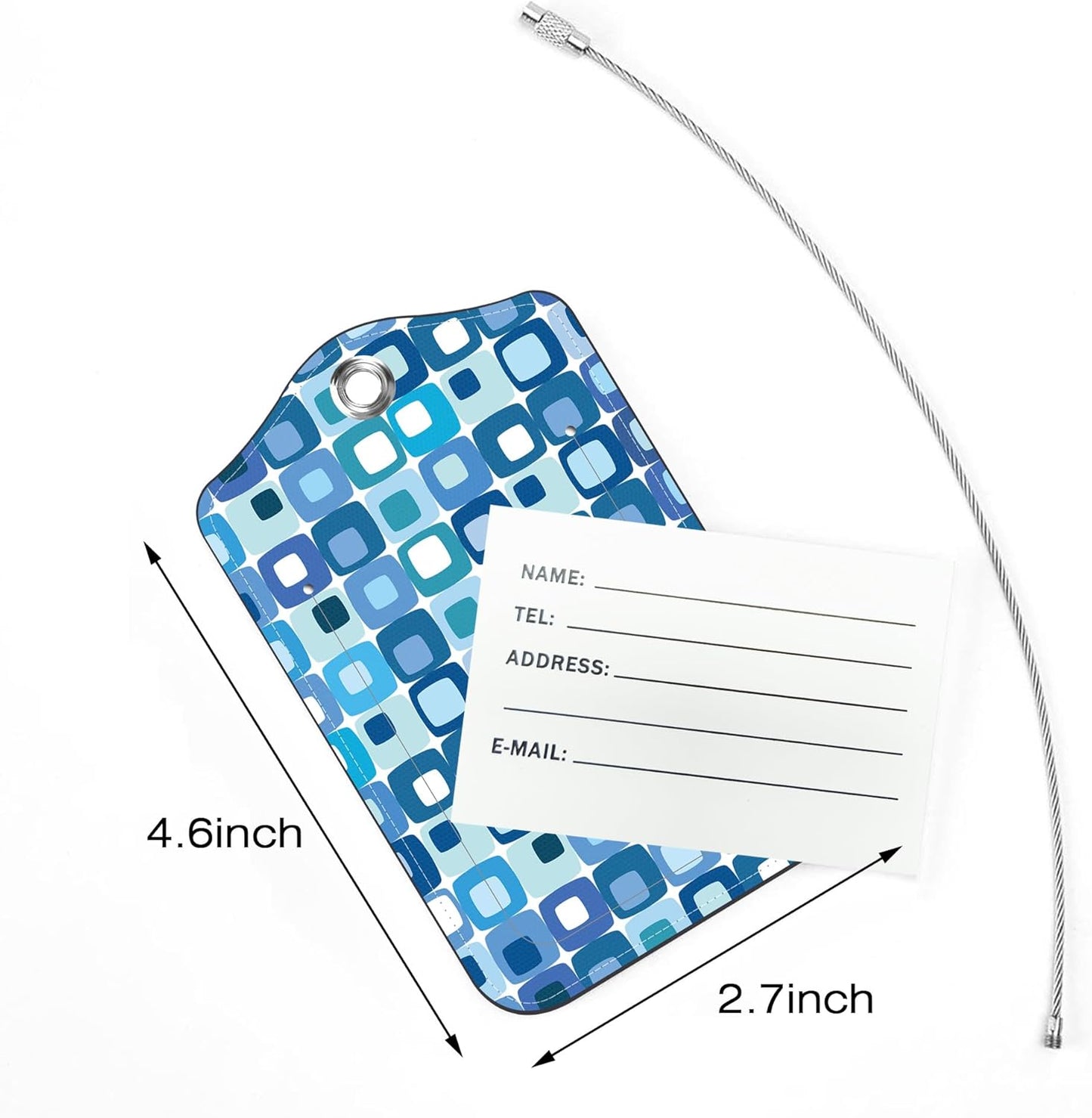 2 Pack Luggage Tags,Retro Blue Square PU Leather Idea Baggage Tag with ID Labels Privacy Cover Metal Ring Men and Women Travel Bag Labels