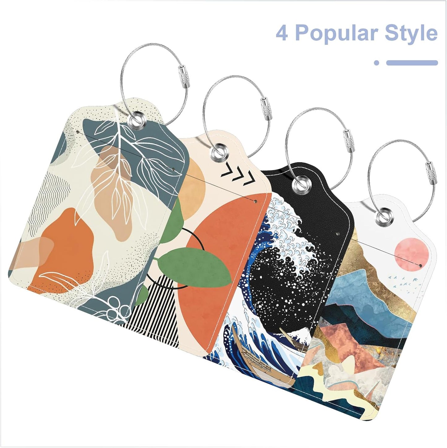 4 Pack PU Leather Luggage Tags for Suitcase, Travel Cruise Luggage Tag with Privacy Flap, Name ID Label and Metal Loop for Women Men Baggage Handbag School Bag Backpack, White Flower Leaves
