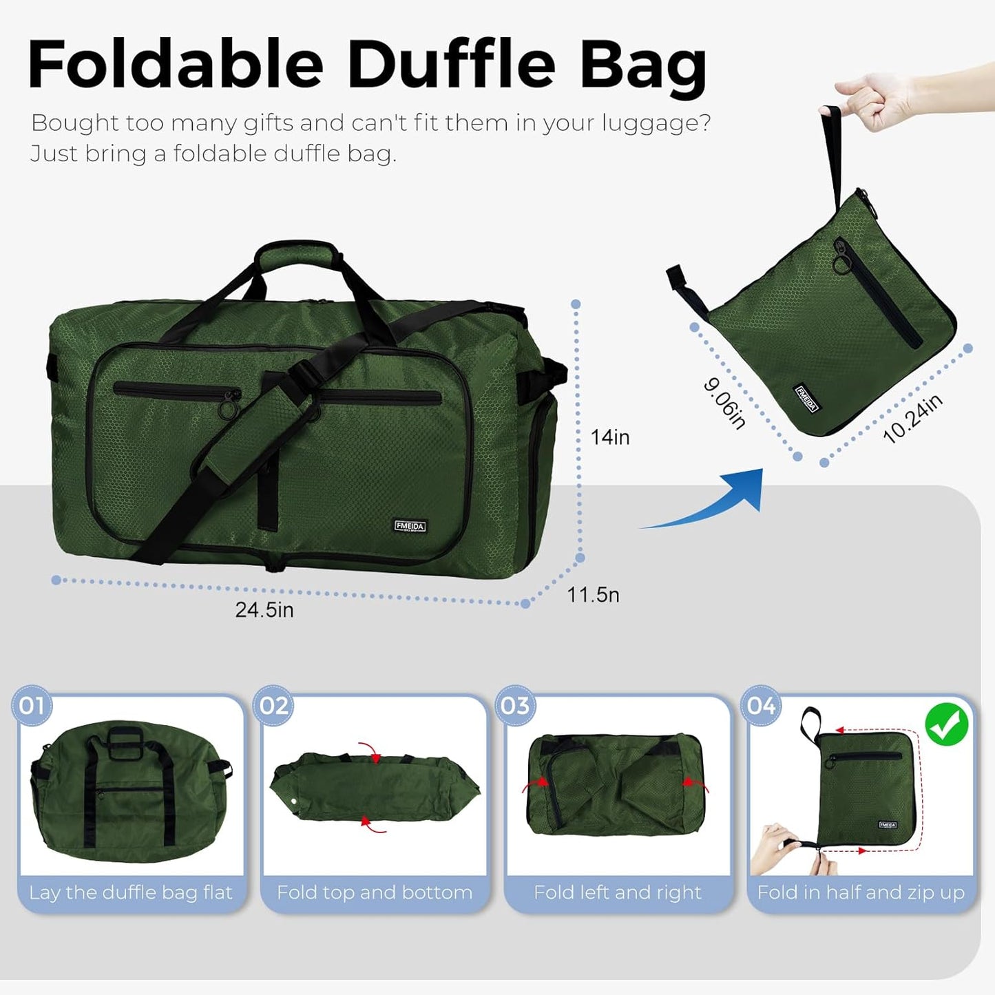 Fmeida 65L Duffle Bag with Shoes Compartment, Foldable Travel Duffel Bags for Men Women, Large