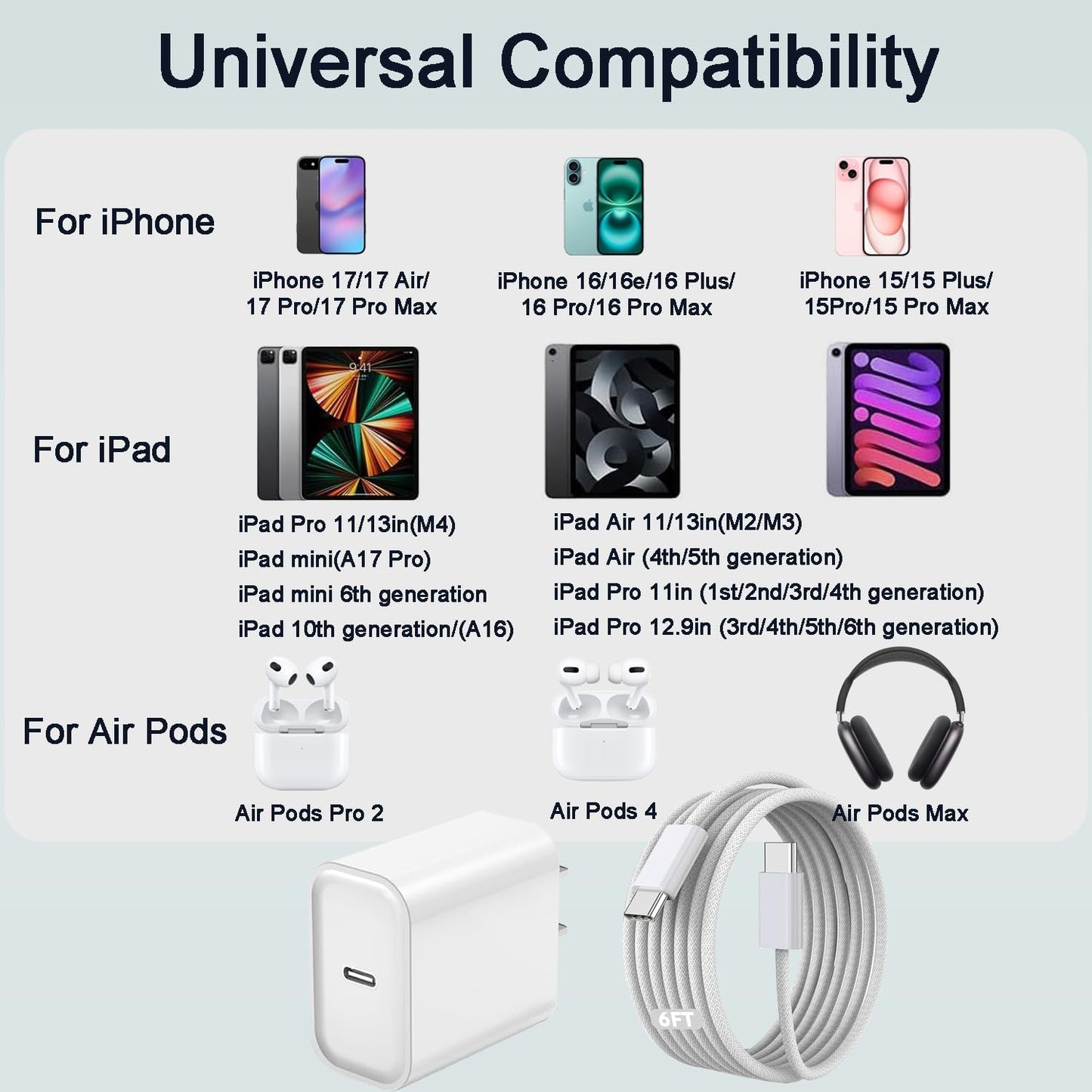 iPhone 17 16 15 Charger Fast Charging 20W Type C Charger Fast Charging with 6FT USB C Woven Cord for iPhone 17/17 Pro/17 Pro Max/17 Air/16/16e/16 Plus/16 Pro/16 Pro Max/15/15 Pro Max/iPad Pro/Air Pods