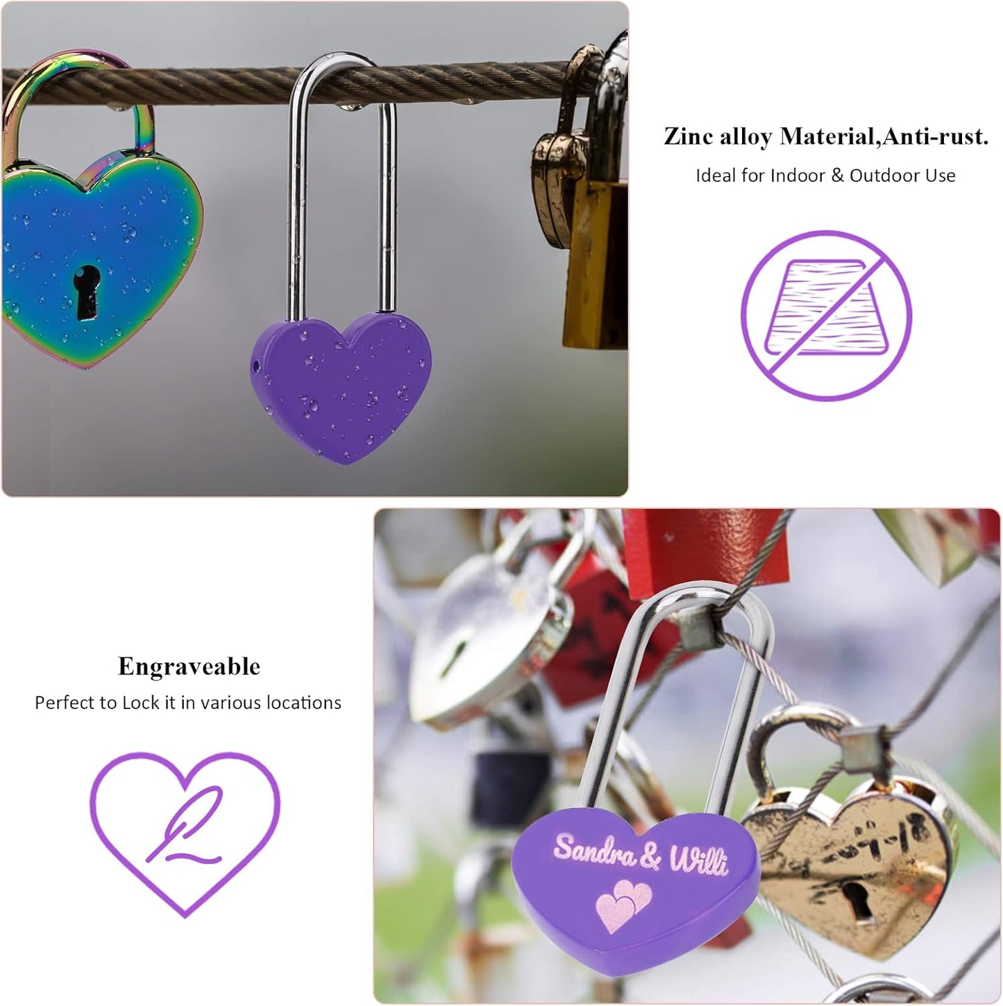 10PCS 3.5" 50mm Love Lock Heart Padlock,Purple Single Heart Wish Lock for Lovers Wedding,Valentines,Anniversary,Travel(NO Key)