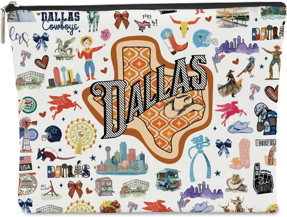 Dallas Themed Makeup Bag - Dallas Souvenirs Gift for Women, Best Friend, Sister - Travel Friendly Cosmetic Bag, Birthday Christmas Gifts