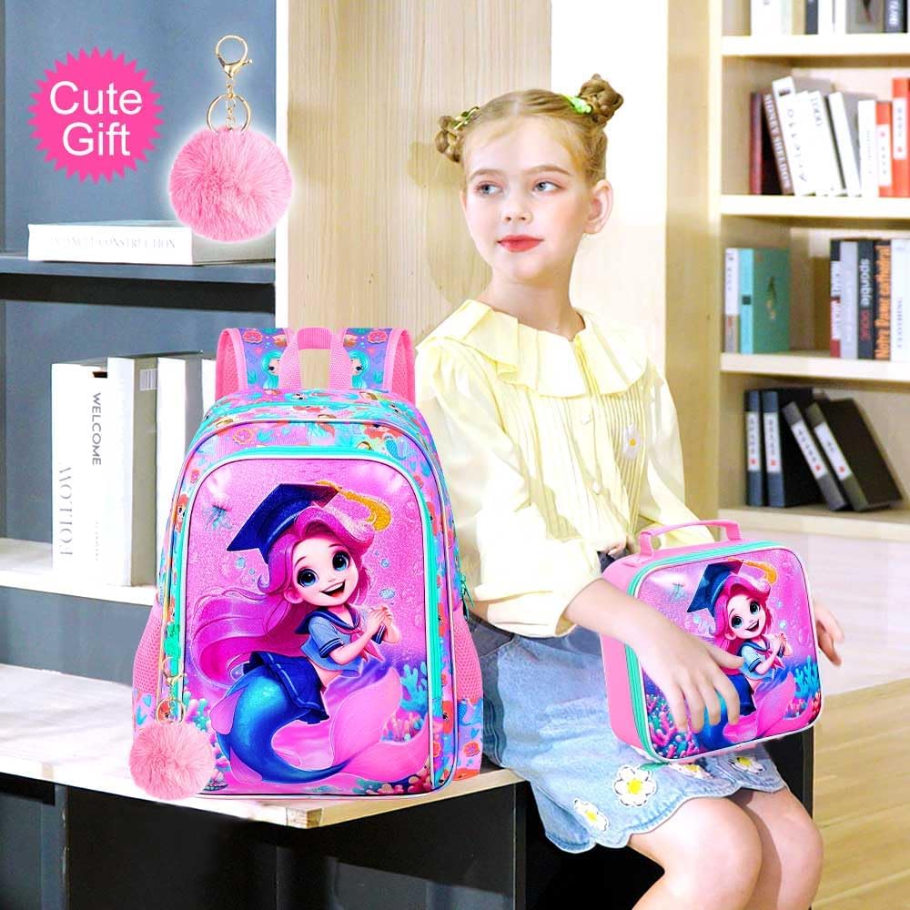 3PCS Mermaid Backpack, 16" Girls Bookbag with Lunch Box, Water Resistant Kids Elementary Prechool Toddler Shool Bag - Pink Dr. Mermaid