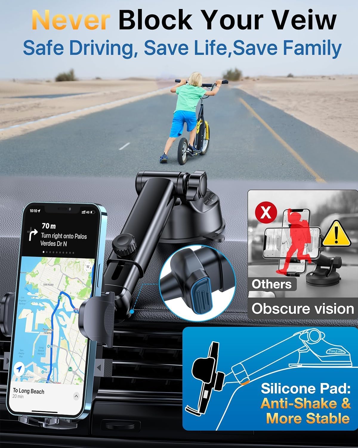 YRU [True Upgrade for Safety] Car Phone Holder Mount [Patent & Military-Grade] Dashboard Cell Phone Holder for Car Vent Windshield Phone Stand for iPhone 17 16 15 14 13 Pro Max Truck Samsung (Grey)