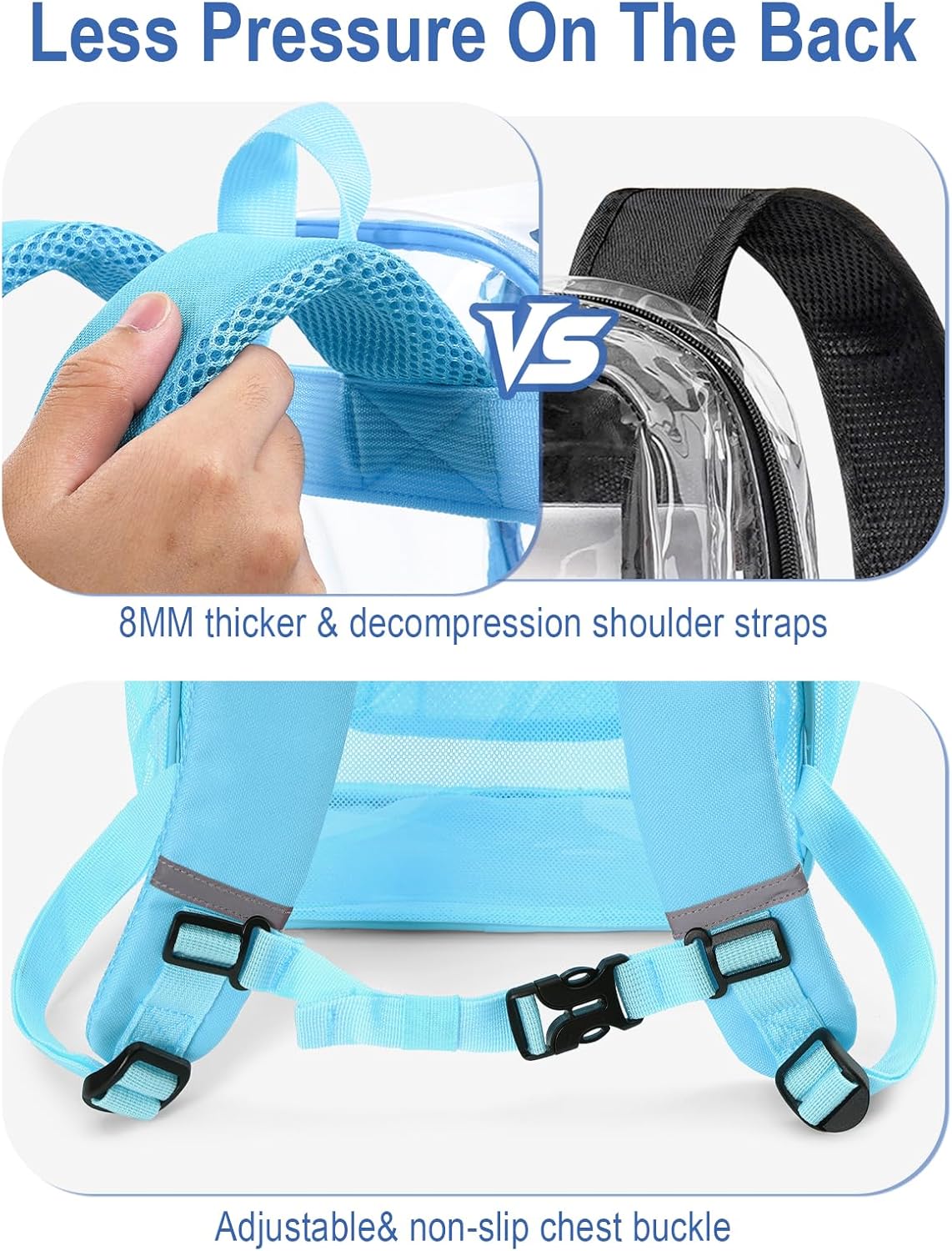 Heavy Duty Clear Backpack For Kids Women Men Boys Girls, 17 Inch Large See Through Backpack, Clear Bookbag With An Extra Pouch Accessories, Transparent Bag For School College Work, Light Blue