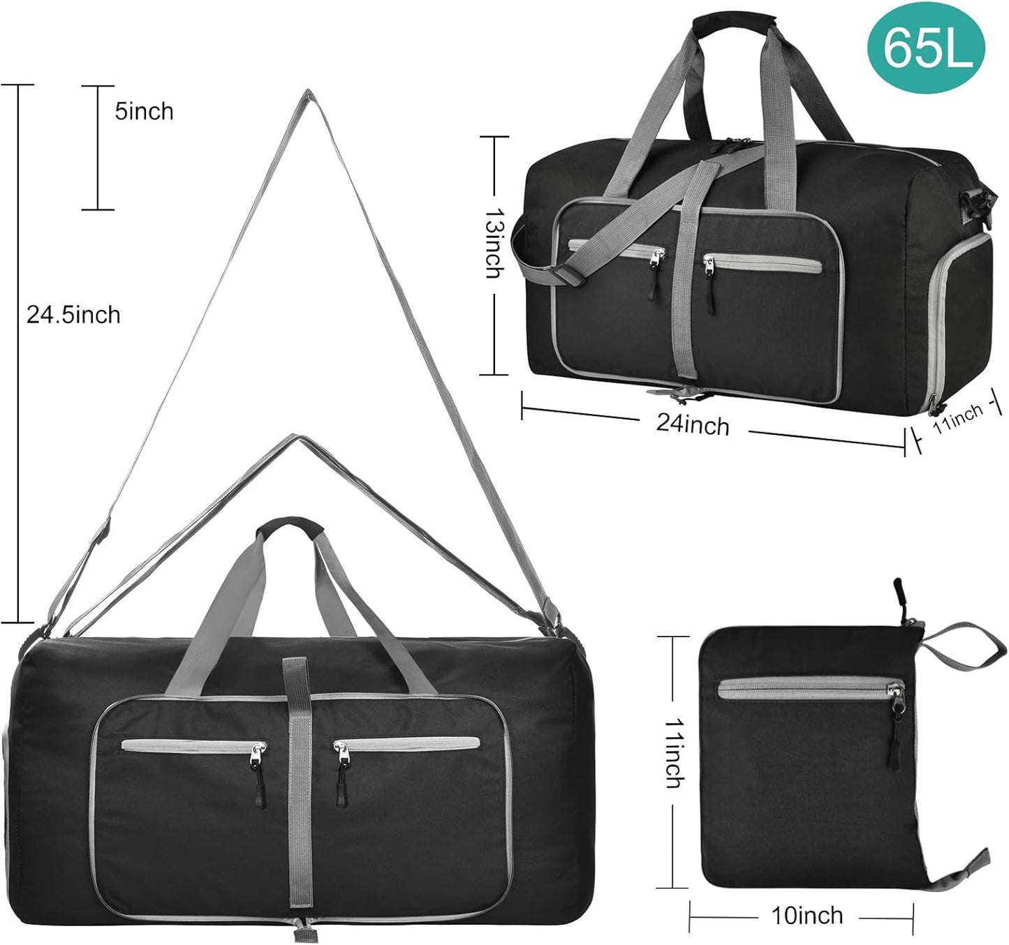 Dimayar 65L Travel Duffle Bag for Men Women - Foldable Duffel Bag with Shoes Compartment - Overnight Bags Waterproof & Tear Resistant(Black)