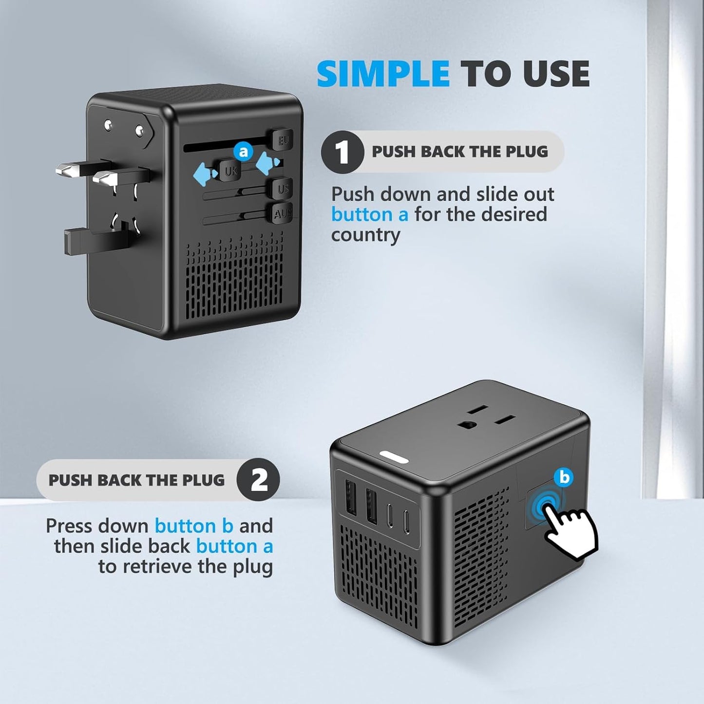 220V to 110V Voltage Converter US to Europe for Hair Dryer with Fast Charging 2 USB A 2 USB C, Power Converter Adapter Combo International Adapter C A I G (Black)