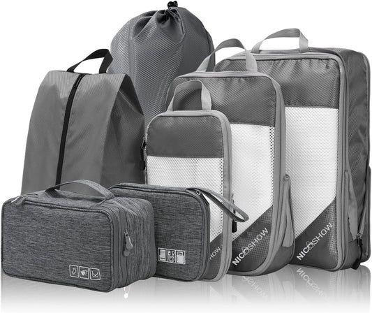 7 Set Compression Packing Cubes for Travel - Compressible, Lightweight, and Space-Saving Packing Cubes, Travel Essentials for Women, Grey