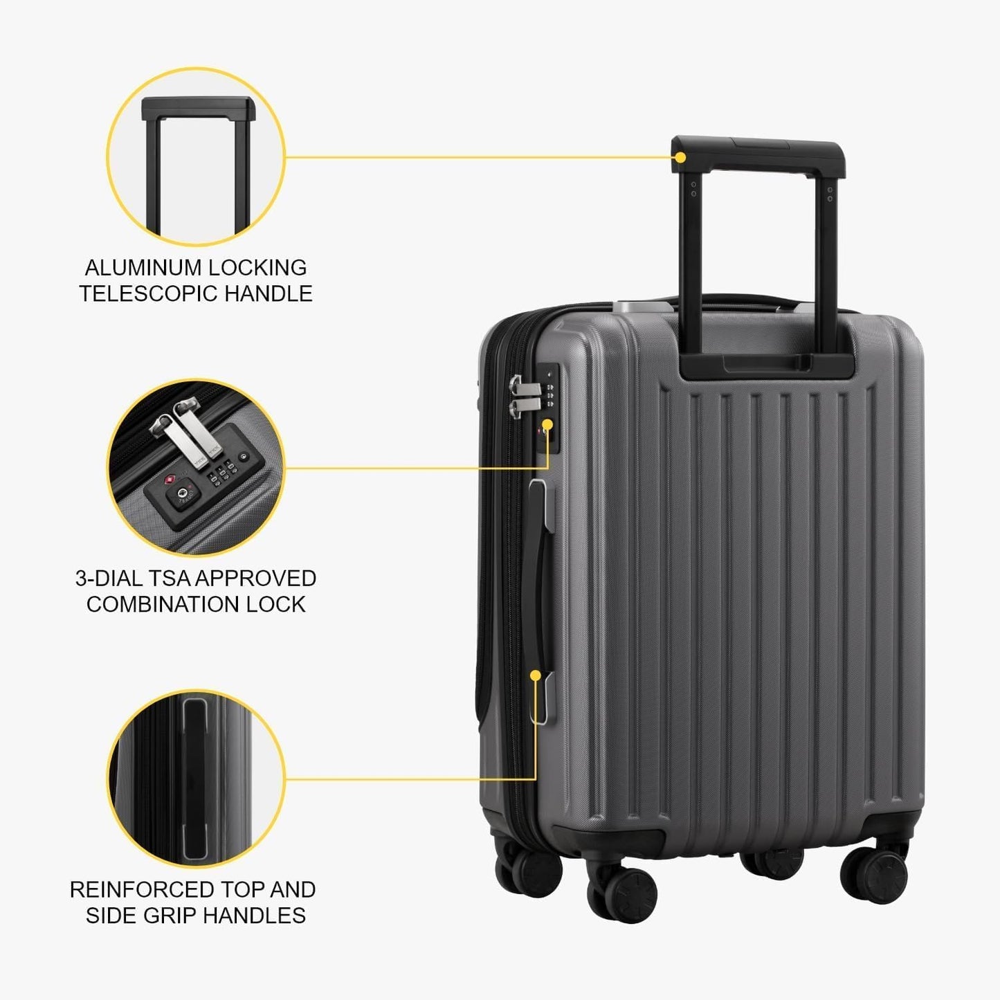 LEVEL8 Grace Carry on Luggage 22x14x9 Airline Approved, 20 Inch Hard Shell Suitcases with Spinner Wheels, Abs+Pc Hard Case Luggages with Tsa Lock, Travel bag for Women Men, Grey