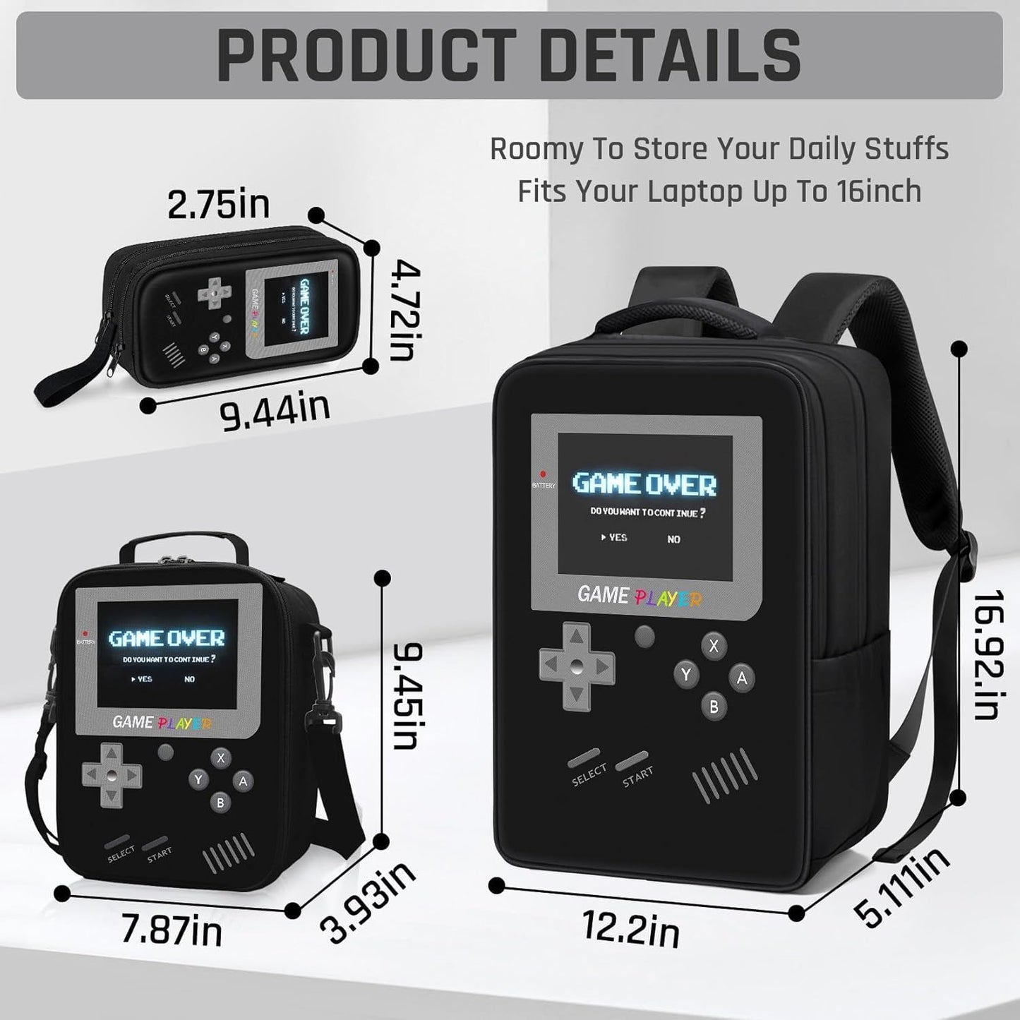 School Backpack for Boys,3pcs Gamer Boys Backpack with Lunch Box Set for Kids Children Teens Elementary Middle School,17" Large Capacity Student Bookbag & Multifunctional Video Game Travel Bag