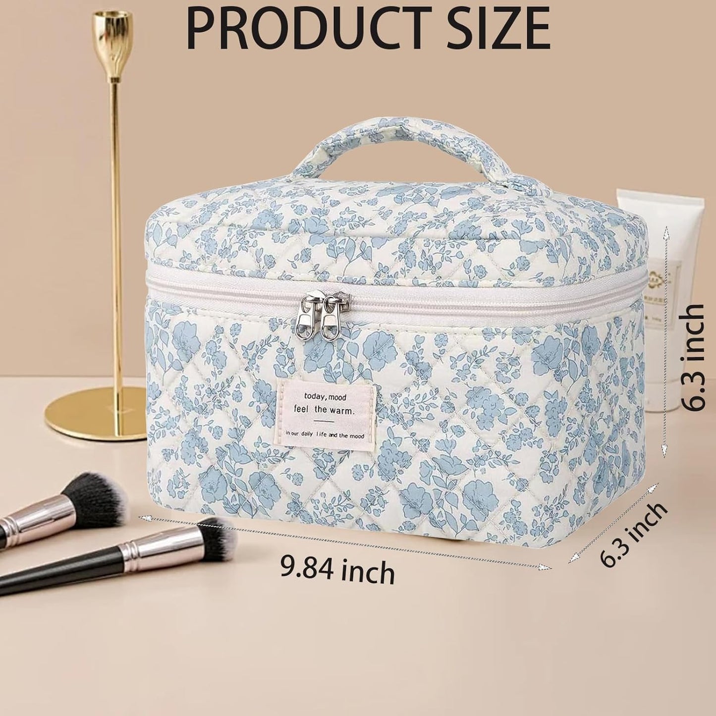 Quilted Makeup Bag, Large Makeup Bag, Cute Cosmetic Bag for Women Girls, Floral Coquette Aesthetic Travel Toiletry Make Up Organizer Bag-Light Blue