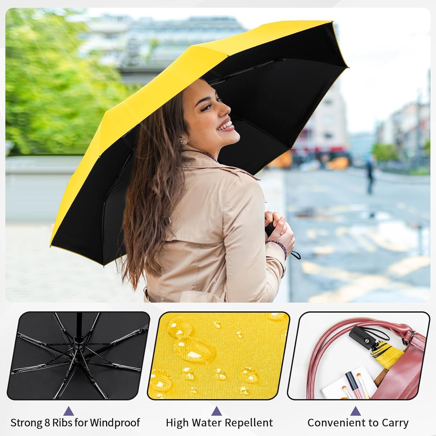 Yoobure Windproof Travel Umbrella - Automatic Umbrellas for Rain, Compact Folding Umbrella with UV Protection, Lightweight Portable Design for Backpack/Walking/Car, Sun & Storm Ready