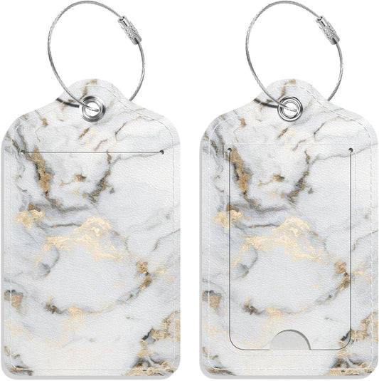 Luggage Tags for Suitcase, 2 Pack PU Leather Travel Cruise Luggage Tag with Privacy Flap, Name ID Label and Metal Loop for Women Men Suitcase Baggage Bag Backpack Instrument, White Gold Marble