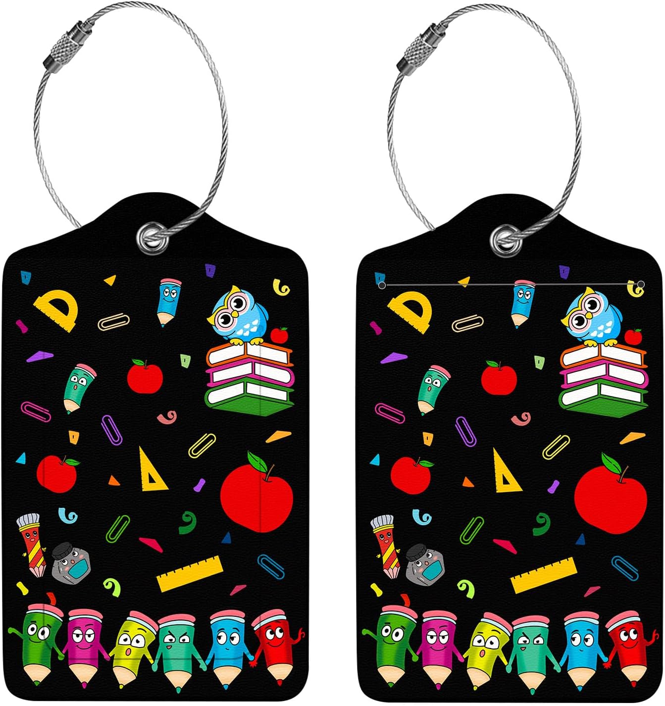 2 Pcs Luggage Tags for Suitcase, Cute Unique PU Leather Travel Bag Tag with Privacy Cover ID Label Address Card and Durable Metal Ring Suitable for Men Women Children Backpack,Dancing Pencils