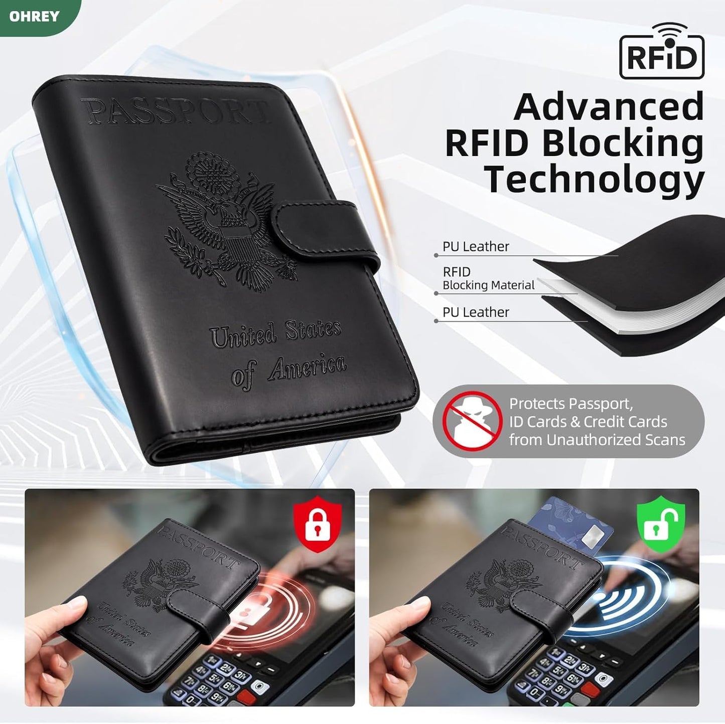 Passport Holder for Travel Family with Slot for Tracker Device & Luggage Tag Cover, – RFID Blocking