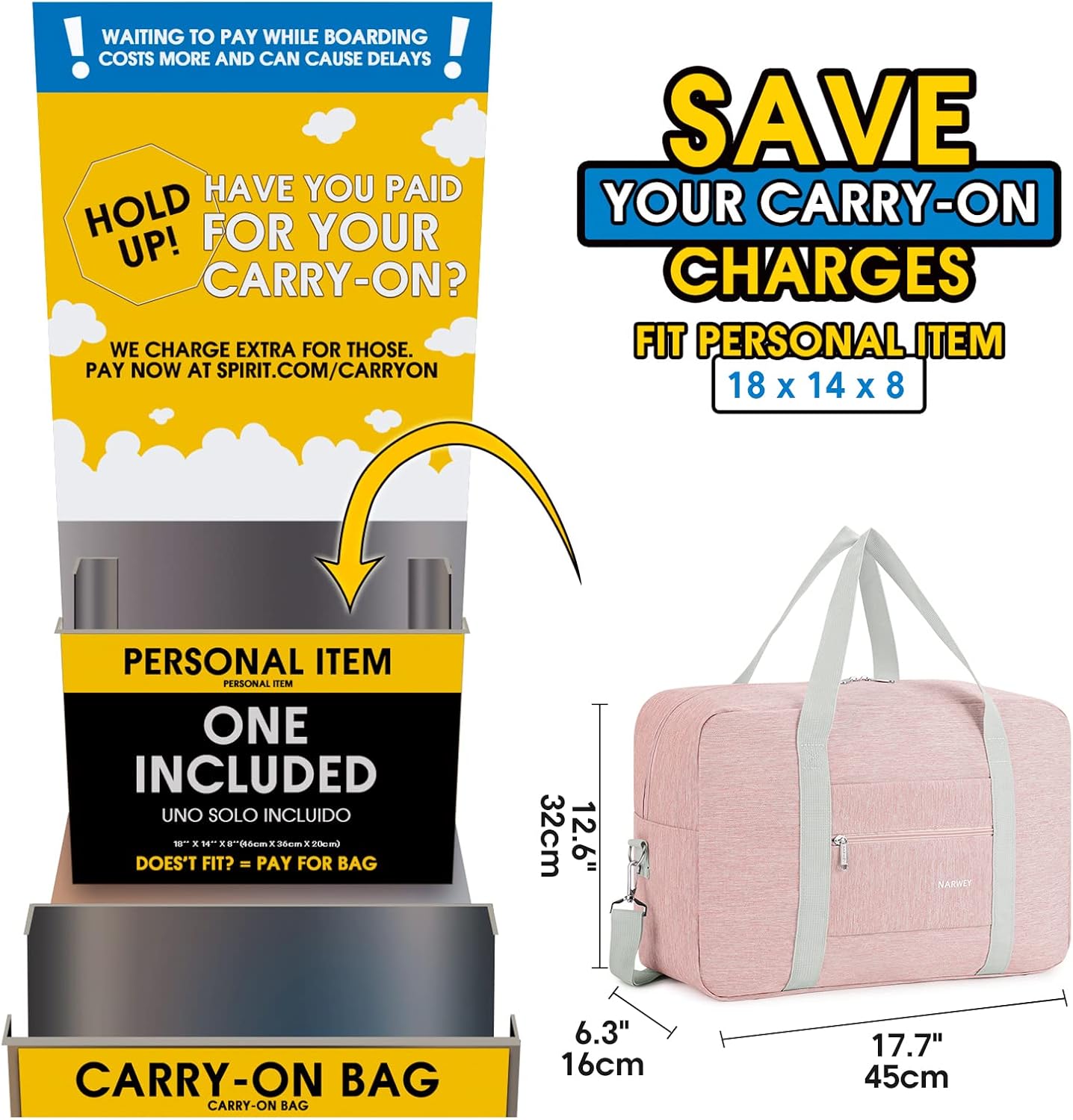 For Spirit Airlines Personal Item Bag 18x14x8 Foldable Travel Duffel Bag Tote Carry on Luggage Duffle Overnight for Women and Men