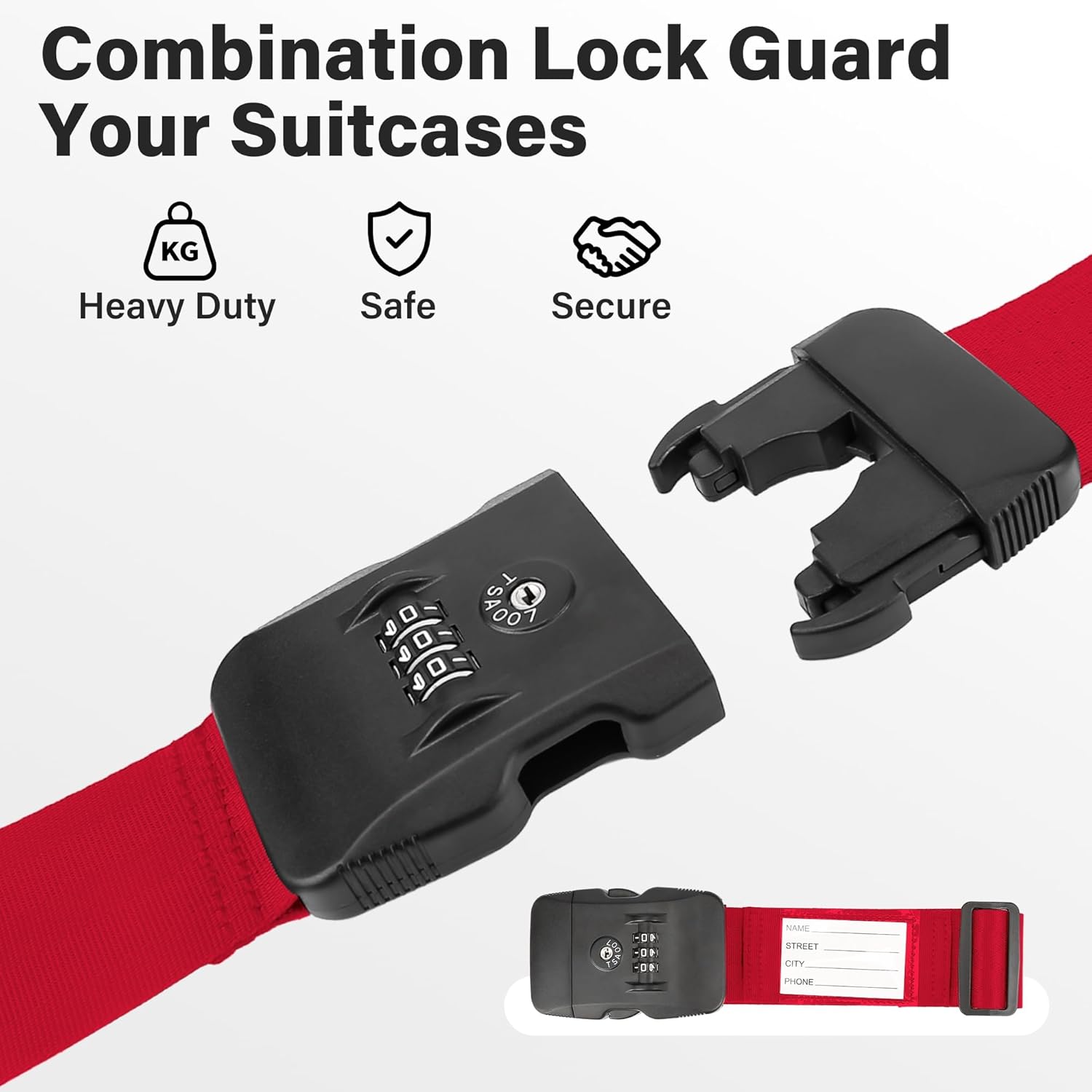 Luggage Straps, Red TSA Approved Luggage Strap Belt with Combination Lock for Suitcases, 2 Pack