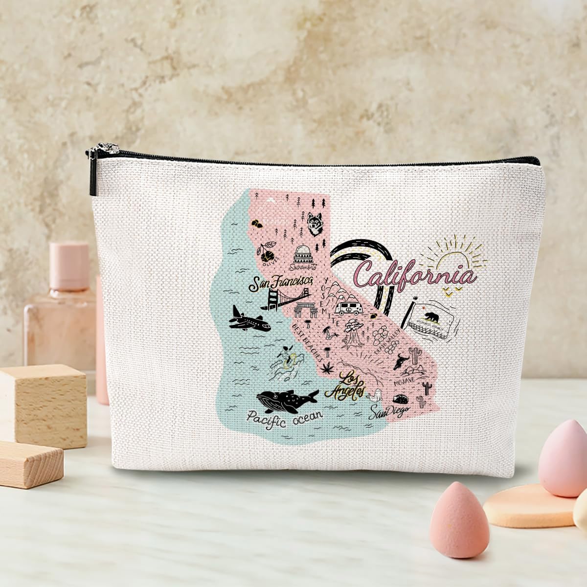 California Gifts Makeup Bag - Cosmetic Bag for California Lovers - Funny Travel Souvenir - Birthday, Bachelorette Party, Friendship Gift for Sister, Women, Girls - Christmas