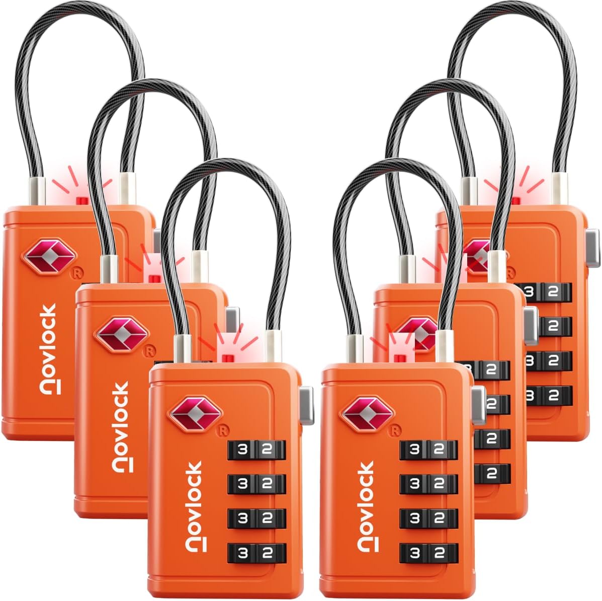 TSA Approved Luggage Locks | Inspection Indicator, 4-Digit Combination, Durable Zinc Alloy | for Suitcases, Backpacks, Travel Bags | Orange, 6-Pack