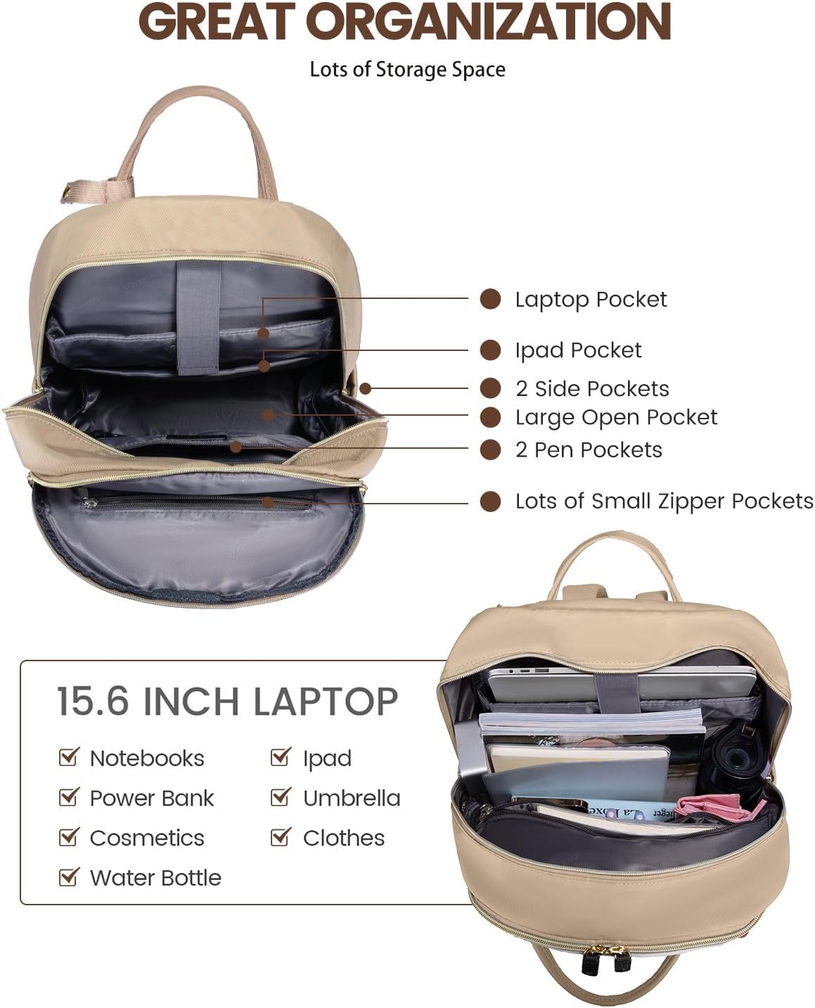 LOVEVOOK Backpack for Women,Laptop Backpack Women,Fits 17 Inch Laptop Bag,School Backpacks,Fashion Travel Work Anti-theft Bag,Waterproof Business Computer College Backpack Purse,Beige-Khaki-Black