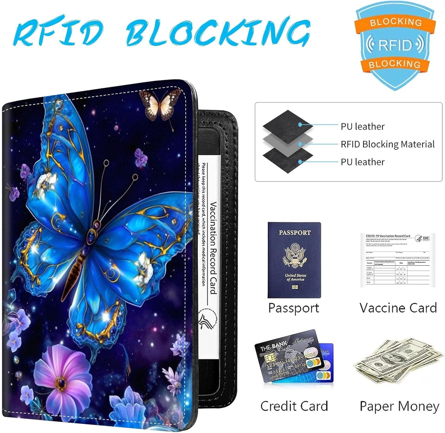 Passport Holder Cover Wallet Travel Essentials RFID Blocking Case Leather Passport Cover Wallet Vaccine Card Slot Organizer for Men Women, Blue Butterfly