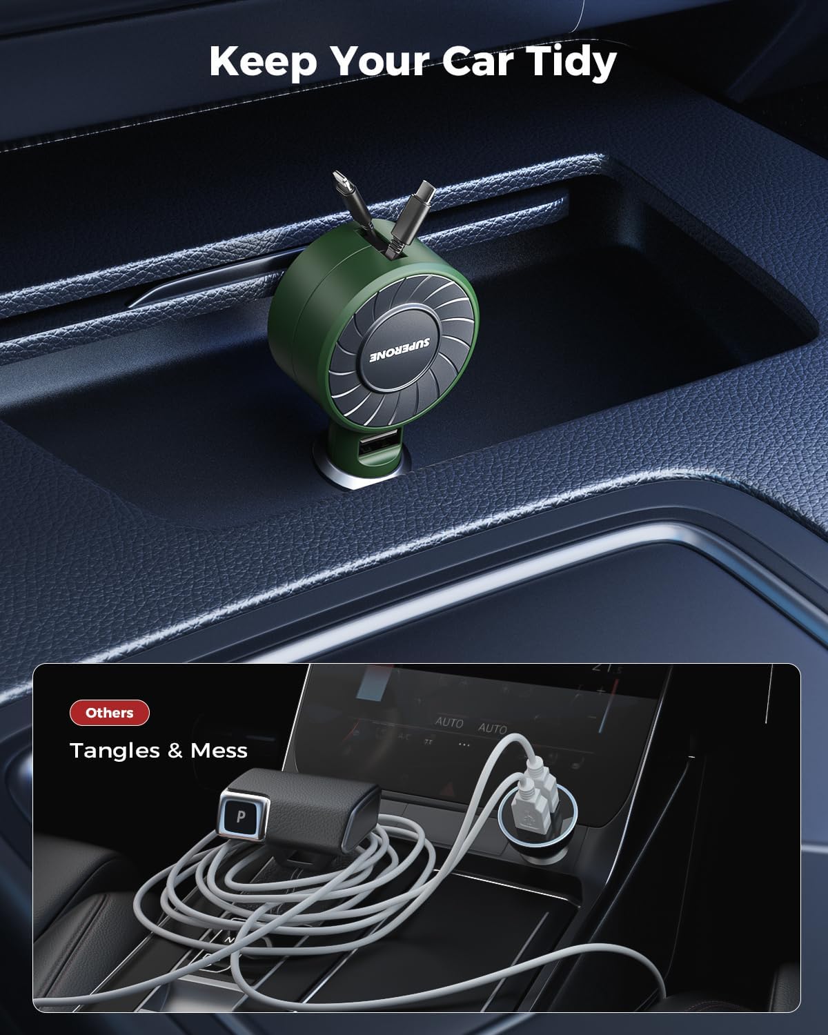 SUPERONE 3-in-1 Car Charger with Retractable Cords, USB C Charger Car Adapter Compatible with iPhone 17/16/15/14/13/12/11 Pro Max Samsung Android Phones
