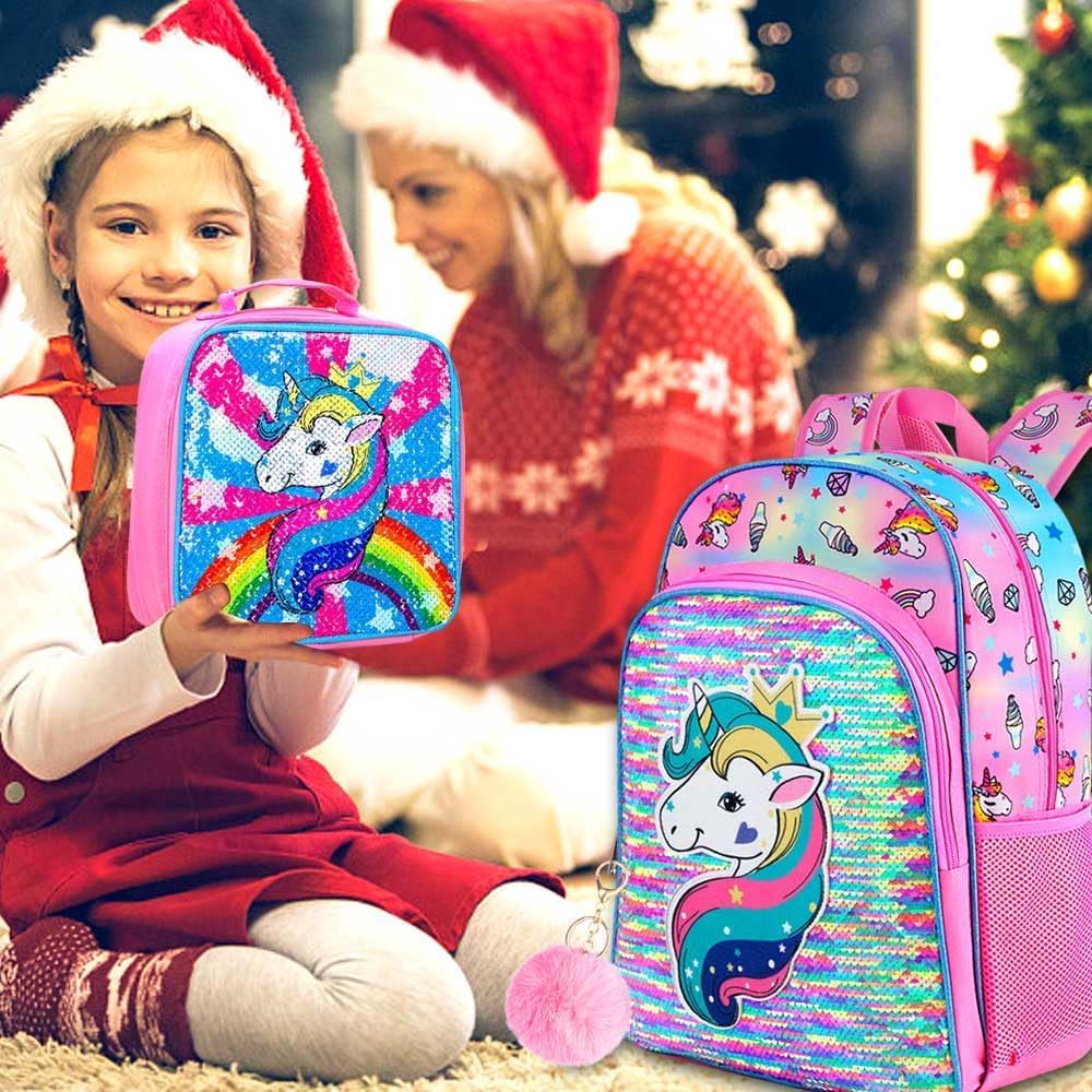 3PCS Girls Backpack, 16" Sequin Prechool Elementary Bookbag and Lunch Box