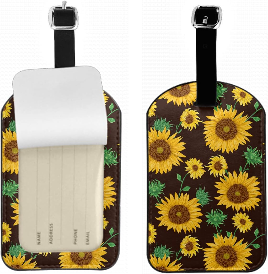 Bright Sunflower Suitcase Tags Identifiers Flower Bud Leaves Watercolor PU Leather ID Label for Women Men Travel Baggage Bag Tags Set, 1 Pack Black