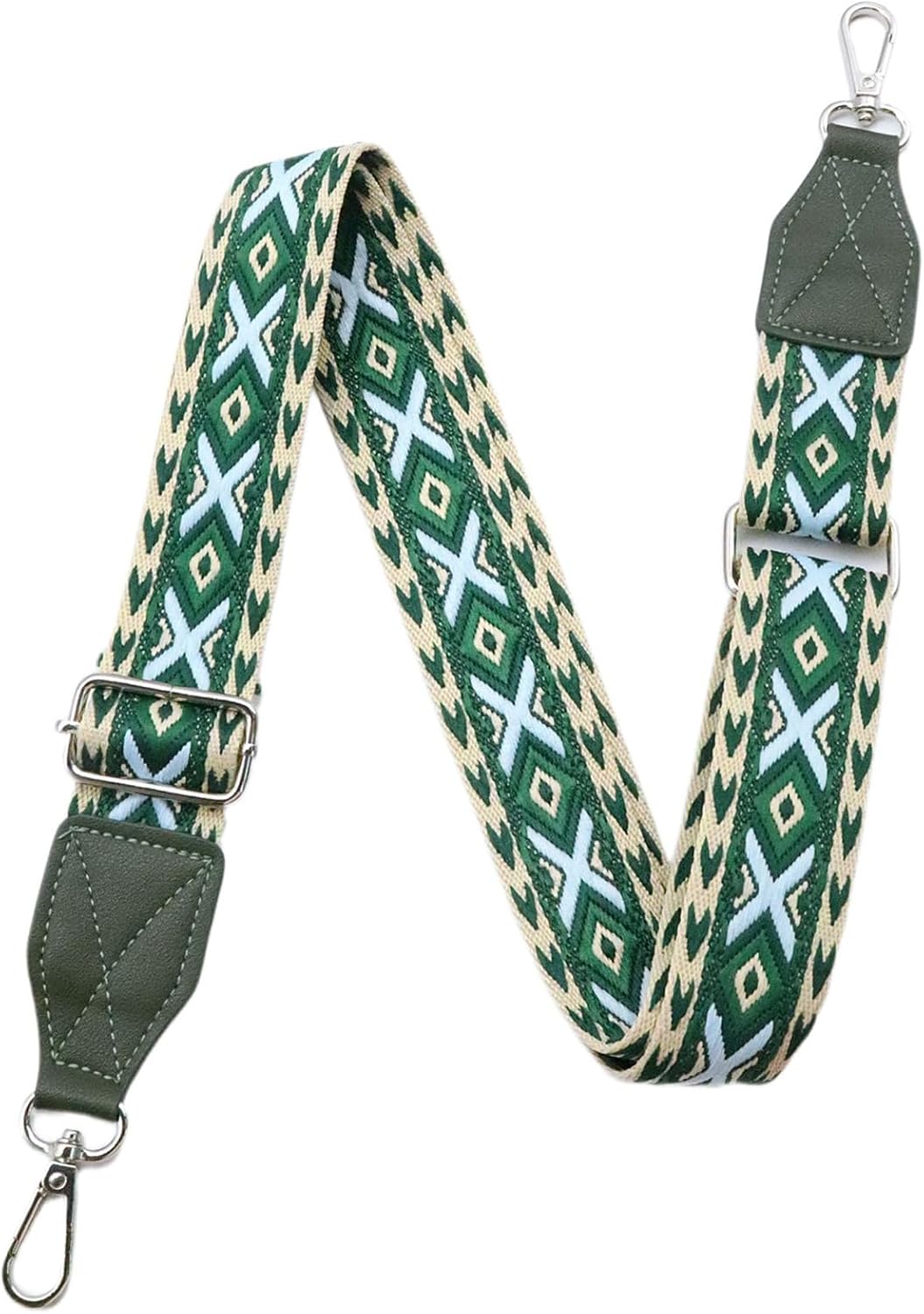 Adjustable Purse Strap with Green Leather End - 1.5" Wide Handbags, Camera, Guitar, Phone & Crossbody Bag Replacement Shoulder Straps(Silver Hardware)