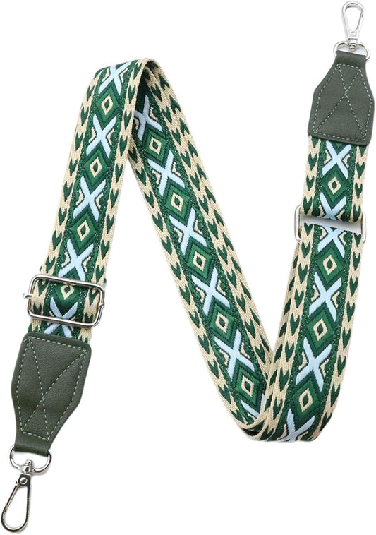Adjustable Purse Strap with Green Leather End - 1.5" Wide Handbags, Camera, Guitar, Phone & Crossbody Bag Replacement Shoulder Straps(Silver Hardware)