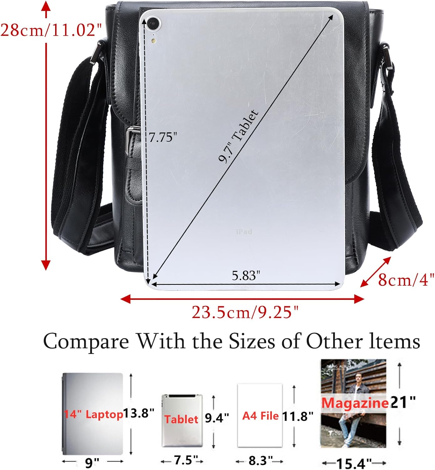 Masa Kawa Leather Messenger Bag Small Crossbody Shoulder Bag for Men Women Flap Over Man Purse Fits 10 Inch Tablet