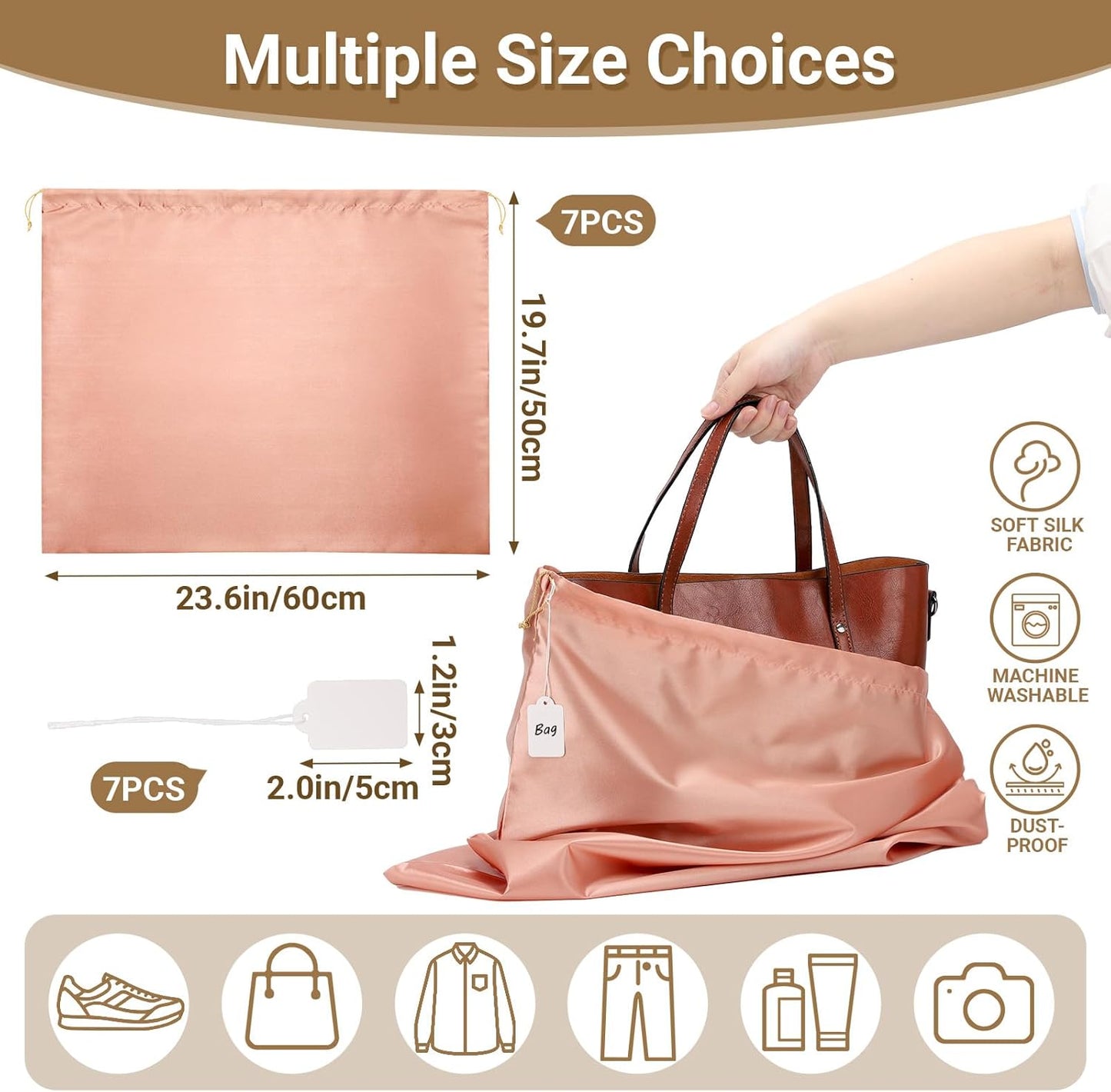 Ewen 23.6x19.6in Pink Orange Dust Bags for Handbags, 7 Pack of Dustproof Silk Bags with Drawstring for Shoes and Boots, Purse Bag for Storage, Satin Covers for Travel, Protectors for Luxury Handbags