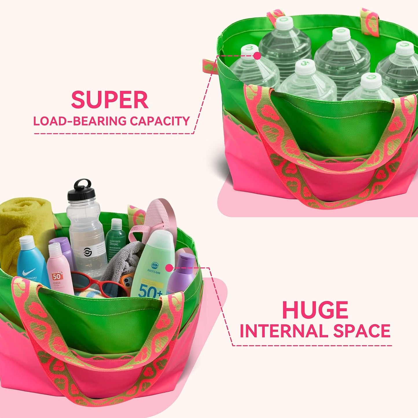 Extra Large Tote Bag Foldable Waterproof Summer Beach Bag for Women Men, Dual Handles, for Swim Gym Camping Shopping