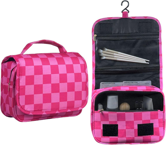 Crazy Bison Hanging Travel Toiletry Bag Kit Makeup Bag Cosmetics Organizer for Men Women (Pink Checkerboard)