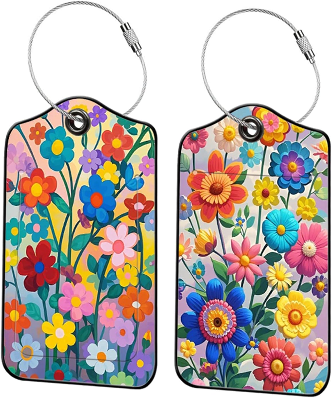2 Pack Wildflowers Leather Luggage Tags for Suitcases, Travel Bag Tags with Privacy Cover ID Label with Stainless Steel Loop for Women Men Girls Backpack Gift (Red Blue)