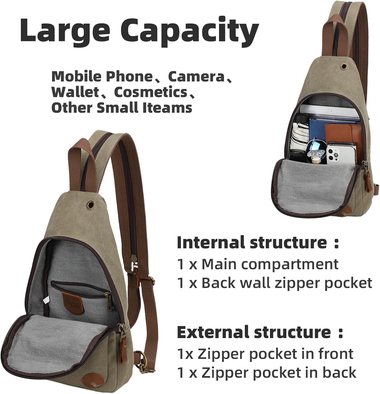 KL928 Canvas Sling Bag Crossbody Backpack Shoulder Casual Rucksack for Men Women,Olive Green