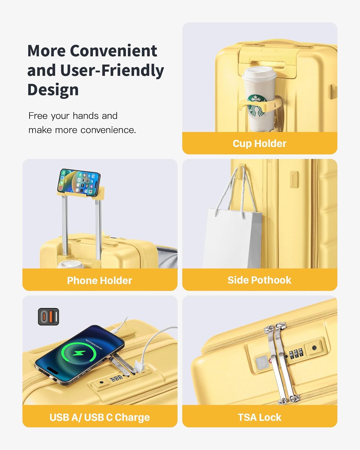 20 IN Carry On Luggage 22x14x9 Airline Approved - Front Pocket Hardside Travel Suitcase Unbreakable -with Cup Holder,Charging Port,Side Pothook, 360°Spinner Wheels, TSA Lock-Yellow