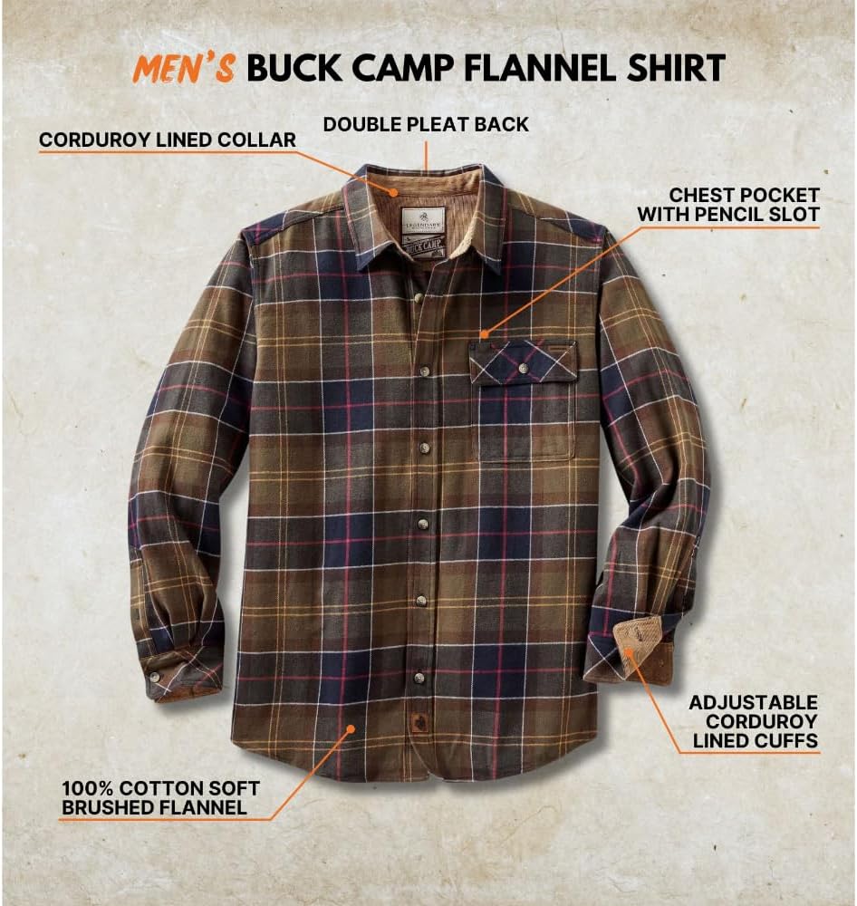 Legendary Whitetails Men's Flannel Shirt Long Sleeve Button Down 100% Cotton