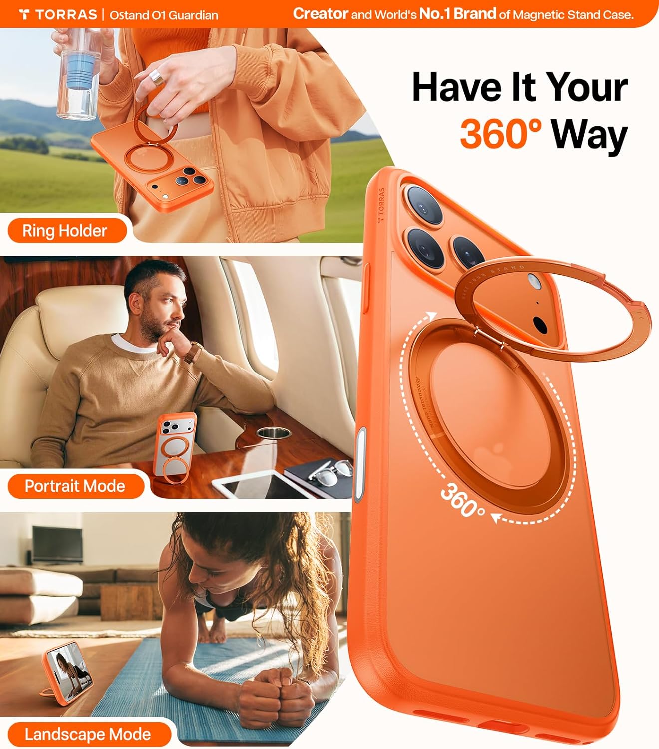 TORRAS Upgraded 360 Magnetic Stand for iPhone 17 Pro Max Case with Camera Control, Fit for MagSafe with Ring, Mil-Grade Protection, Translucent Slim for iPhone 17 ProMax Case Ostand, Cosmic Orange