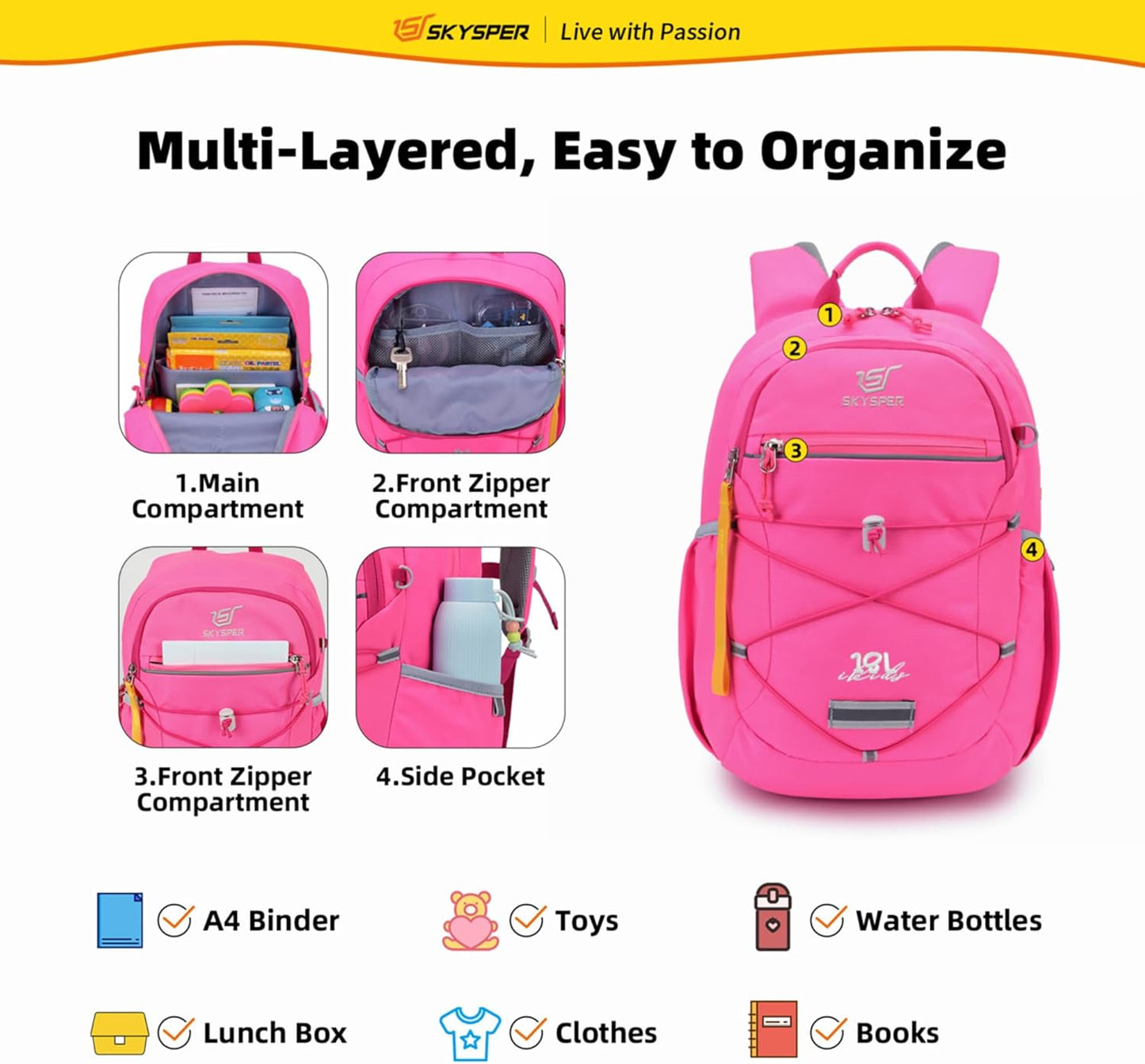 SKYSPER Kids Backpack 18L Children School Bag Child Boy Girl Pack Ages 4-8 for Traveling Day Trips