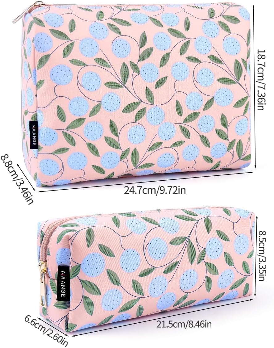 MAANGE 2PCS Makeup Bag for Women, Cosmetic Bag Set, Portable Travel Makeup Bag, Bolsa de Maquillaje, Impermeable Oxford Cloth Make Up Organizer with Gold Zipper(Pink Plants)