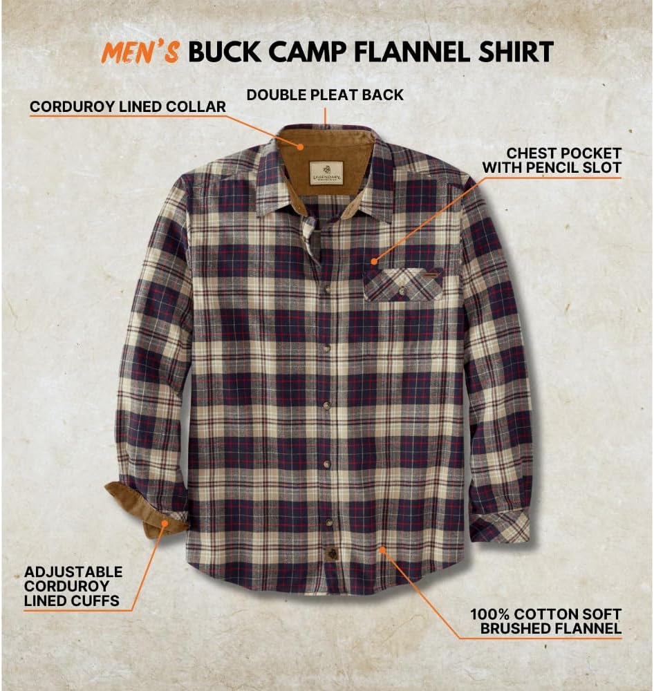 Legendary Whitetails Men's Flannel Shirt Long Sleeve Button Down 100% Cotton