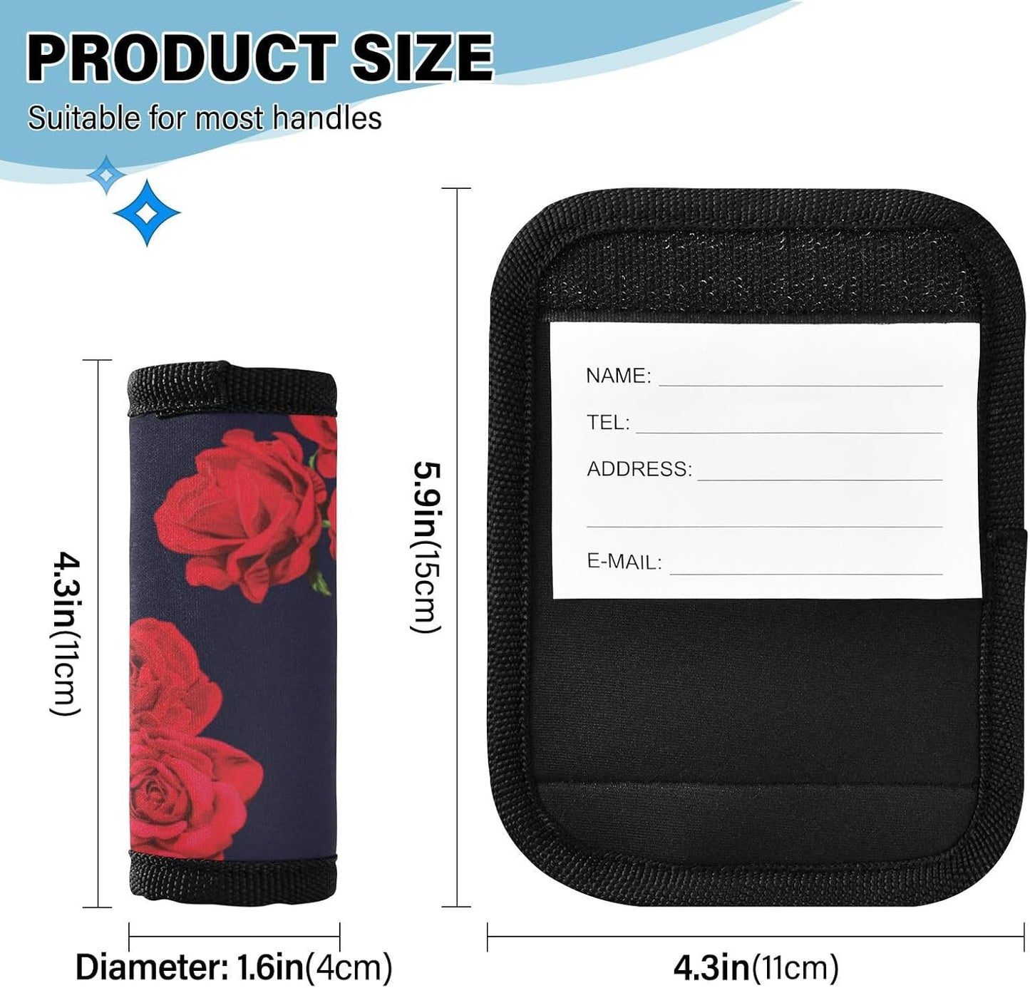 4Pcs Luggage Handle Wrap Suitcase Identifier Handle Covers Tags Soft Travel Bags Luggage Handle Gripper Accessories for Airplane Flying Red Roses Black